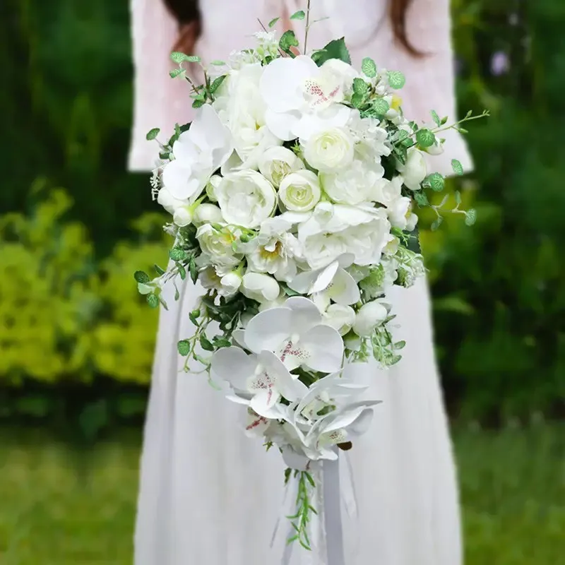 Green & White Cascading Bridal Bouquet