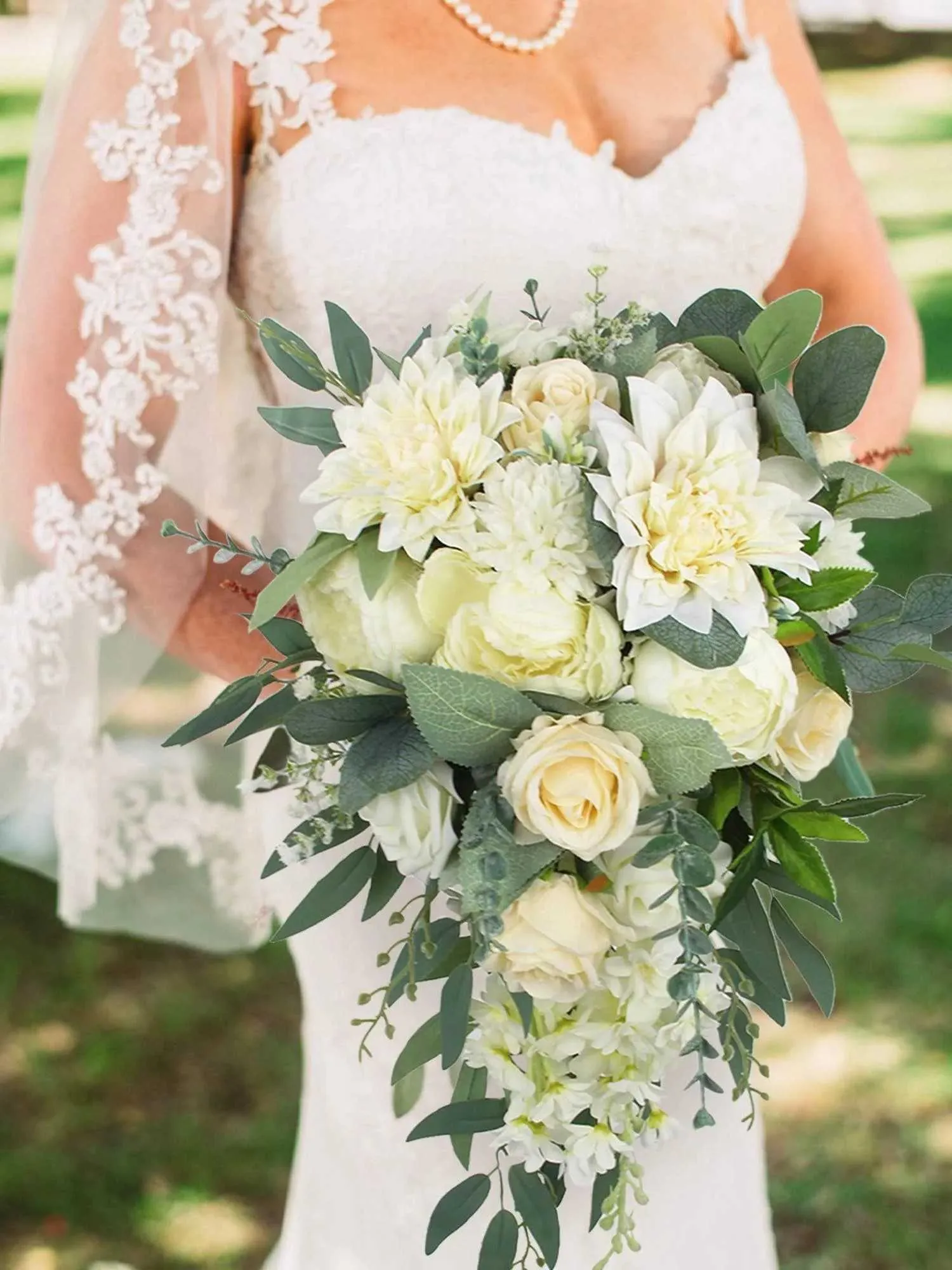 Green & White Cascading Bridal Bouquet