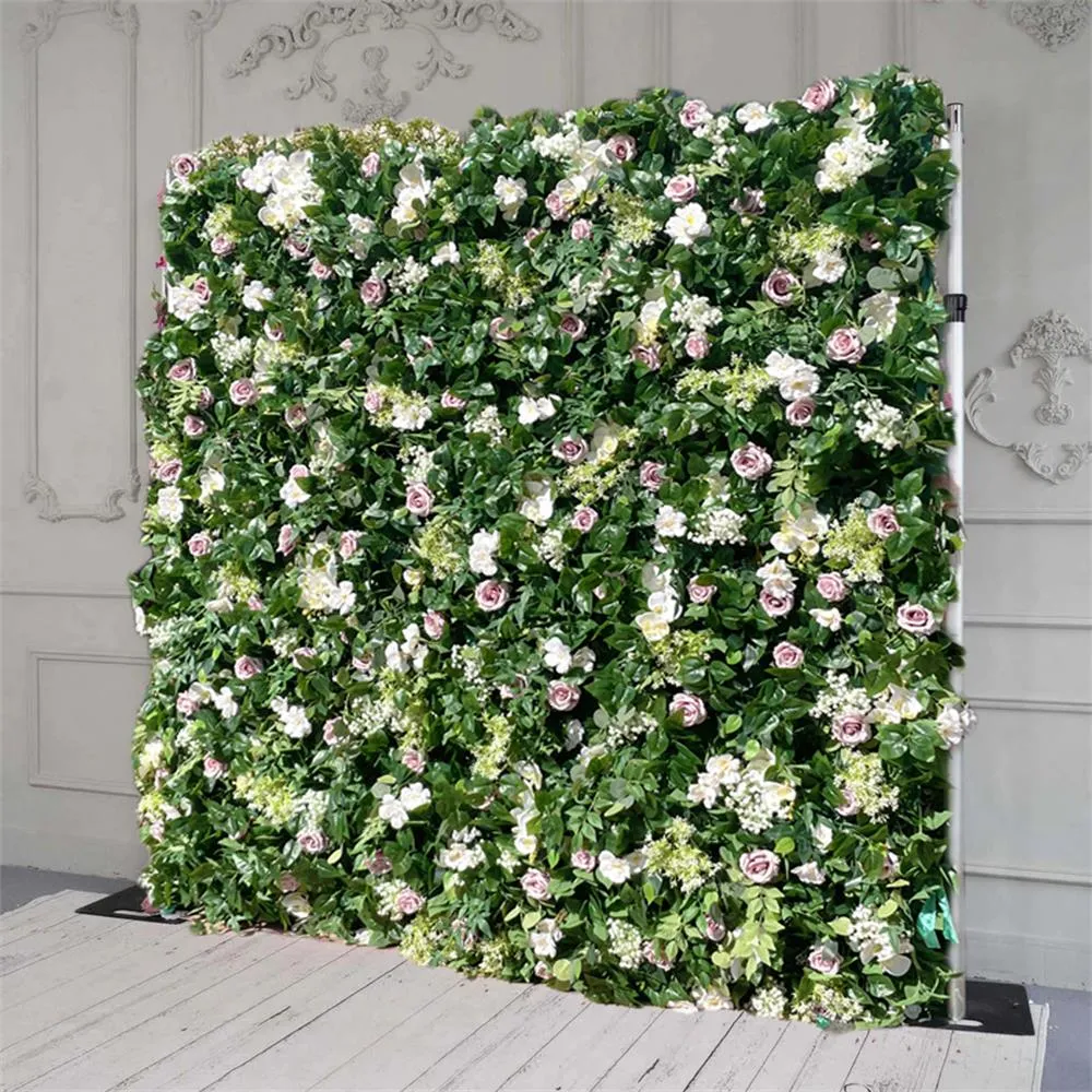 Flower Wall Green Artificial Fabric Rolling Up Curtain Floral Backdrop For Party